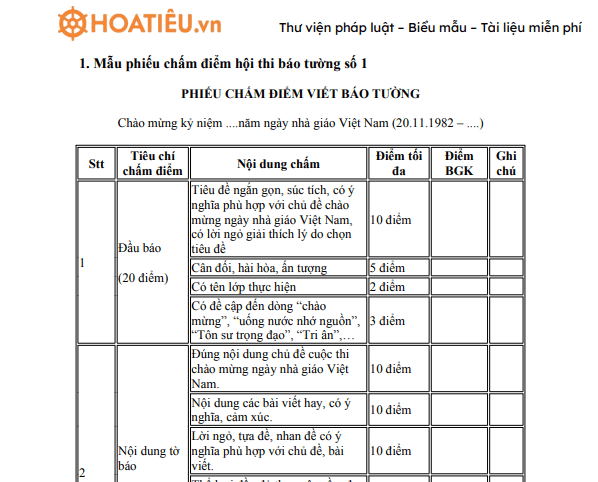 Mẫu phiếu chấm điểm hội thi báo tường