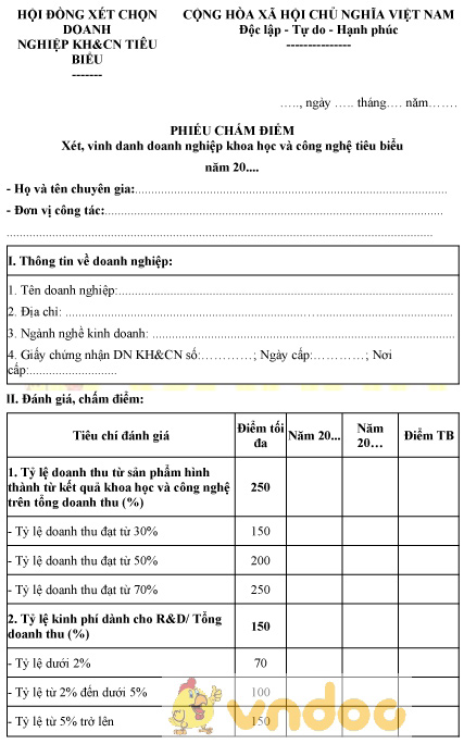 Mẫu phiếu chấm điểm xét, vinh danh doanh nghiệp khoa học và công nghệ tiêu biểu