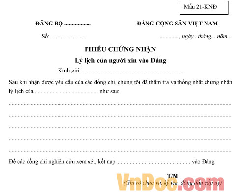 Mẫu phiếu chứng nhận lý lịch của người xin vào Đảng