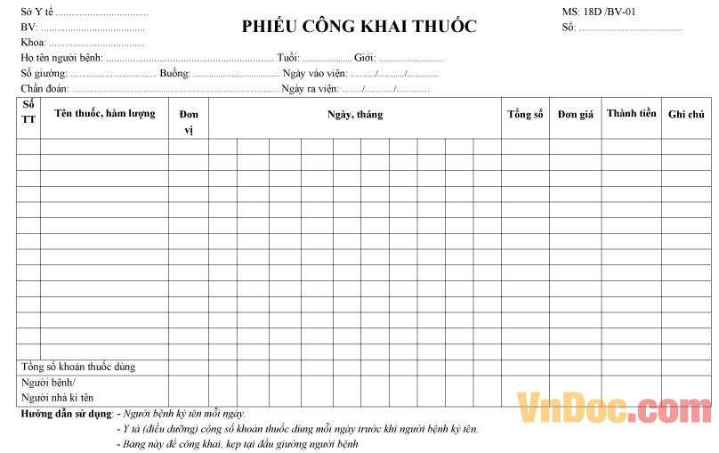 Mẫu phiếu công khai thuốc