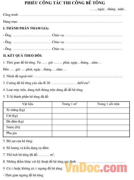 Mẫu phiếu công tác thi công bê tông