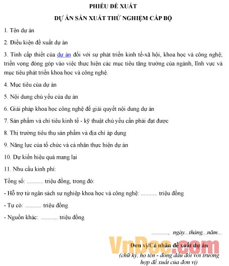 Mẫu phiếu đề xuất về dự án sản xuất thử nghiệm cấp bộ