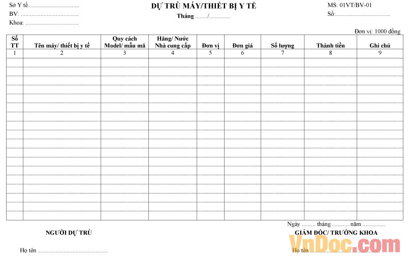 Mẫu phiếu dự trù máy, thiết bị y tế