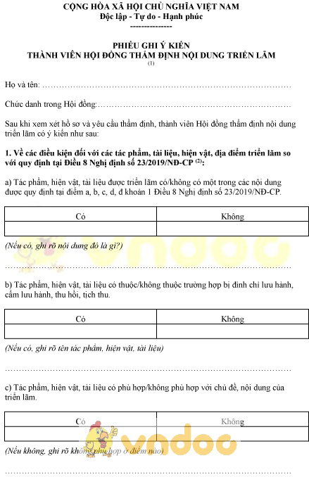 Mẫu phiếu ghi ý kiến thành viên hội đồng thẩm định nội dung triển lãm