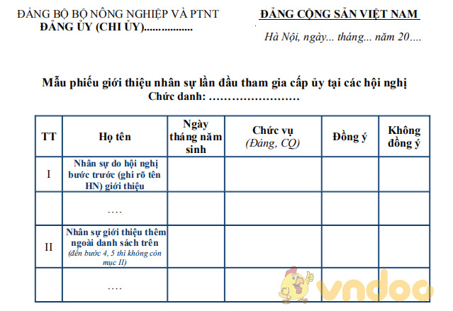 Phiếu giới thiệu nhân sự lần đầu tham gia cấp ủy tại các hội nghị