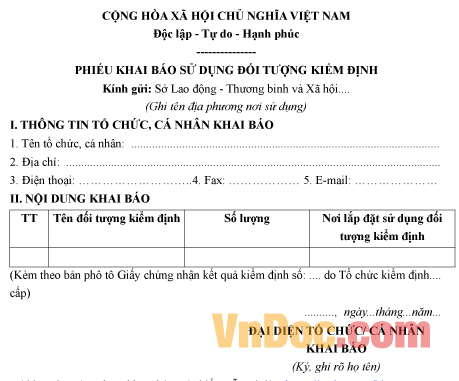 Mẫu phiếu khai báo về việc sử dụng đối tượng kiểm định