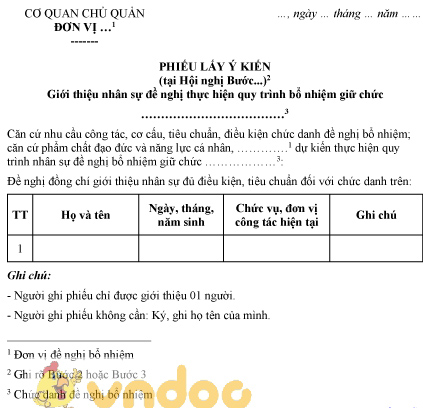 Mẫu phiếu lấy ý kiến giới thiệu nhân sự đề nghị thực hiện quy trình bổ nhiệm giữ chức