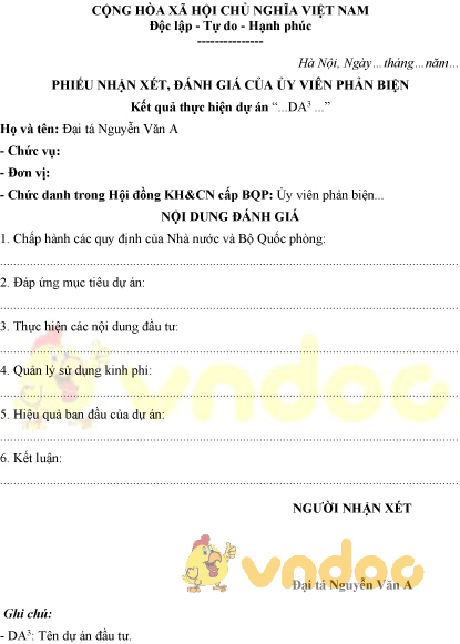 Mẫu phiếu nhận xét, đánh giá của ủy viên phản biện