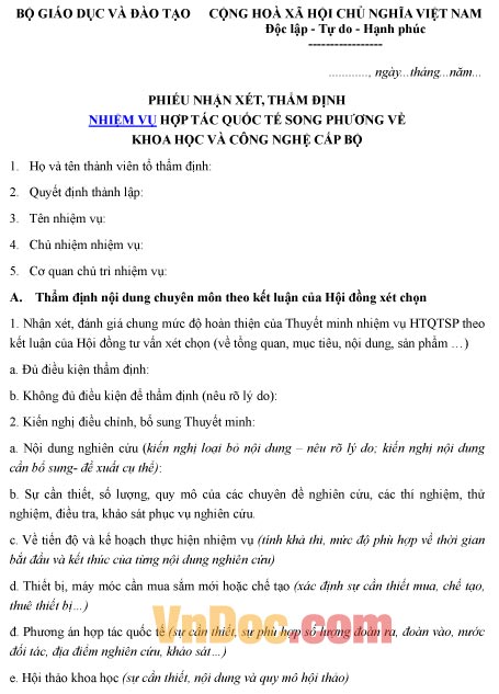 Mẫu phiếu ghi chép nhận xét, thẩm định nhiệm vụ hợp tác quốc tế song phương
