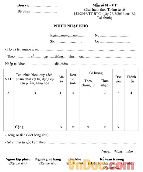 Phiếu nhập kho - Mẫu số 01 – VT