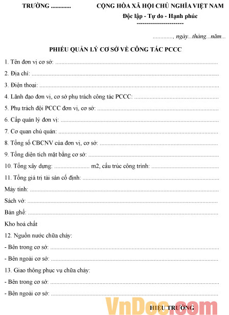 Mẫu phiếu phân loại cơ sở về phòng cháy chữa cháy