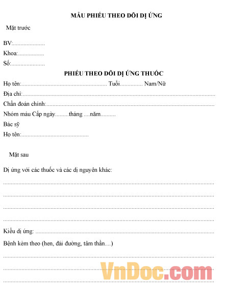 Mẫu phiếu theo dõi dị ứng thuốc