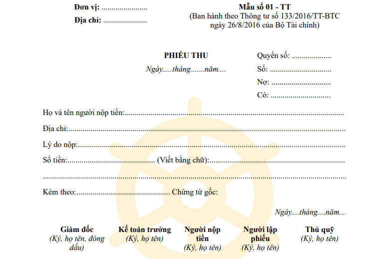 Mẫu phiếu thu theo Thông tư 133
