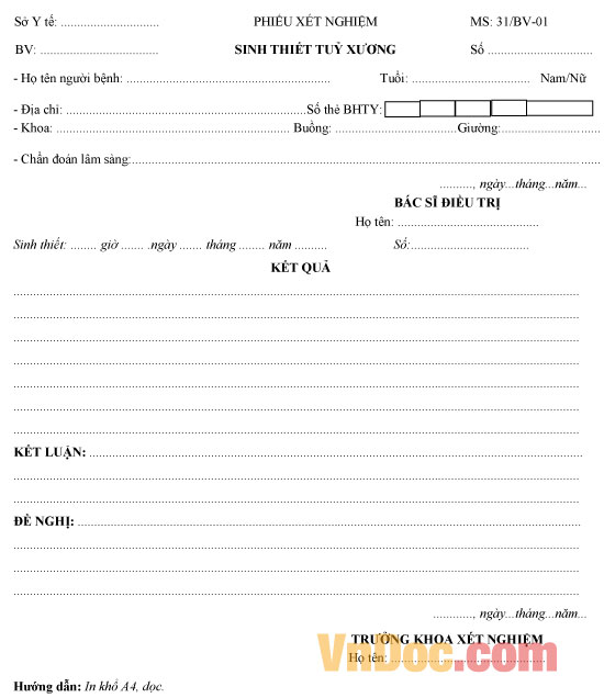 Mẫu phiếu xét nghiệm sinh thiết tủy xương