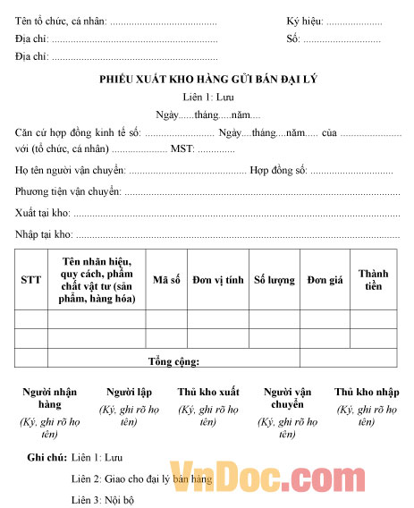Mẫu phiếu xuất kho hàng gửi bán đại lý