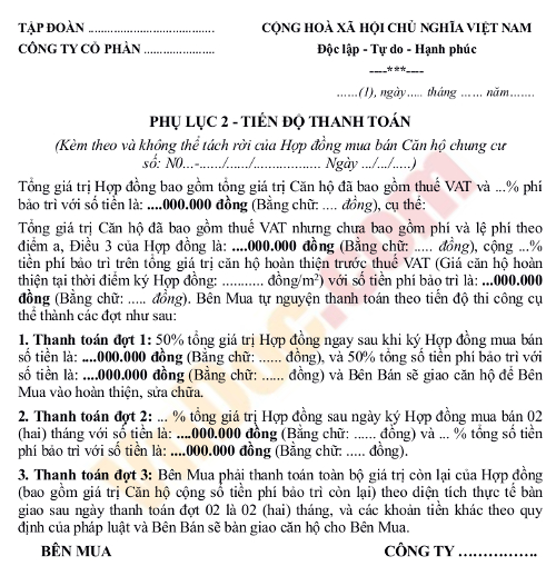 Mẫu phụ lục quy định về tiến độ thanh toán theo hợp đồng