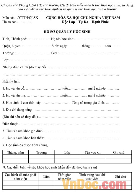 Mẫu quản lý sức khỏe học sinh