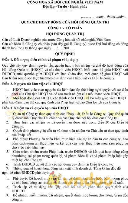 Mẫu quy chế hoạt động của hội đồng quản trị công ty cổ phần