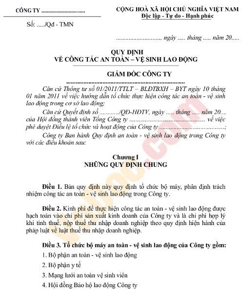 Mẫu nội quy an toàn, vệ sinh lao động dùng trong doanh nghiệp