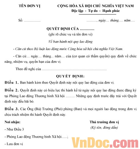 Mẫu quyết định ban hành nội quy lao động