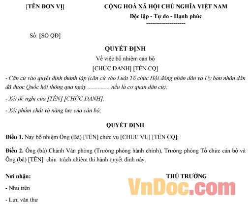 Mẫu quyết định bổ nhiệm cán bộ