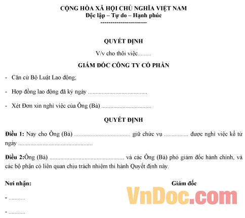 Mẫu quyết định buộc thôi việc