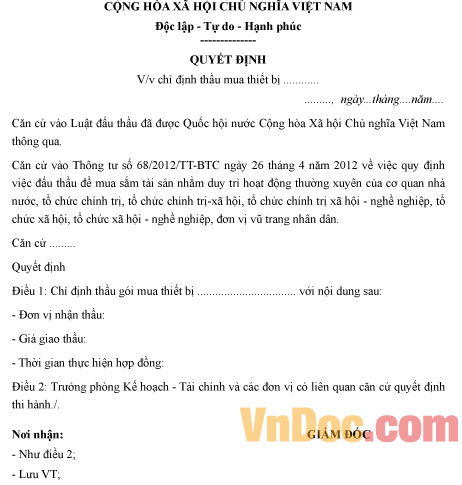 Mẫu quyết định chỉ định thầu mua thiết bị