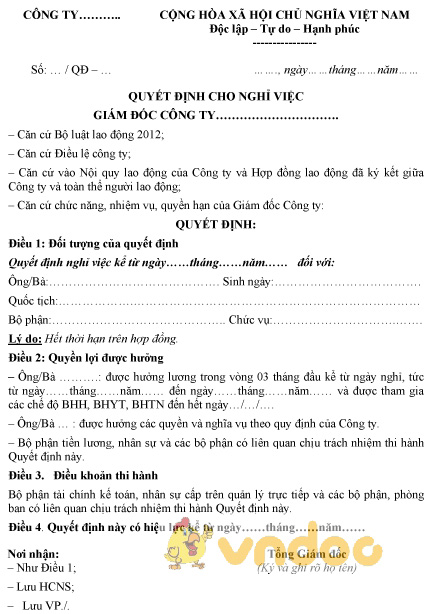 Mẫu quyết định cho nghỉ việc