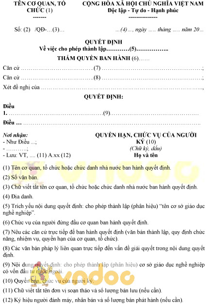 Mẫu quyết định cho phép thành lập cơ sở giáo dục nghề nghiệp có vốn đầu tư nước ngoài