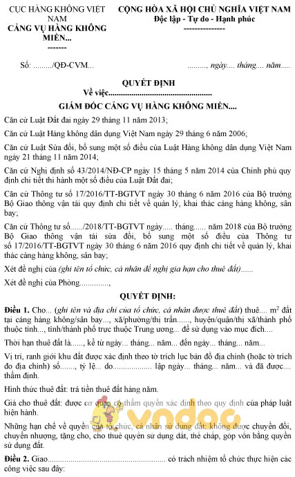 Mẫu quyết định cho thuê đất tại cảng hàng không, sân bay