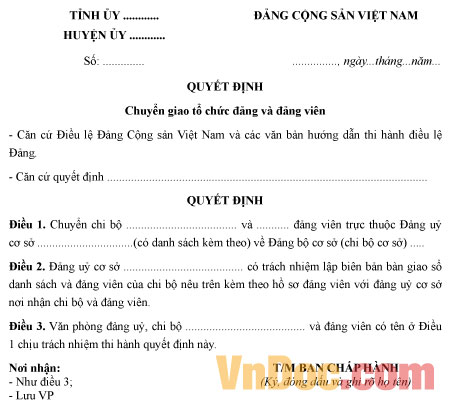 Mẫu quyết định chuyển giao tổ chức Đảng và Đảng viên