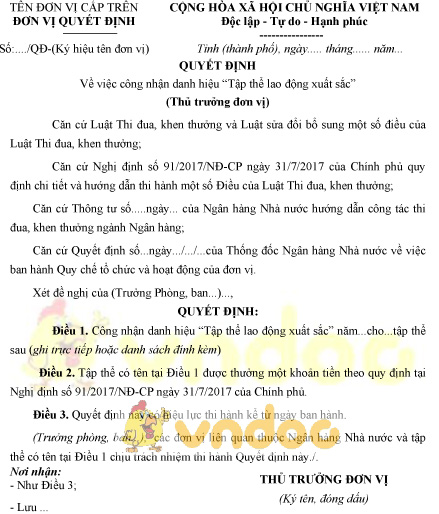 Mẫu quyết định công nhận danh hiệu “Tập thể lao động xuất sắc” ngành Ngân hàng
