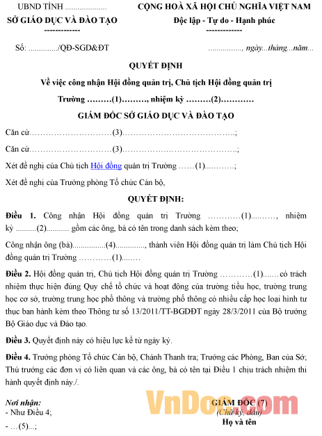 Mẫu quyết định về việc công nhận hội đồng quản trị trường học