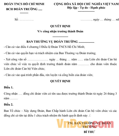 Mẫu quyết định công nhận trưởng thành Đoàn