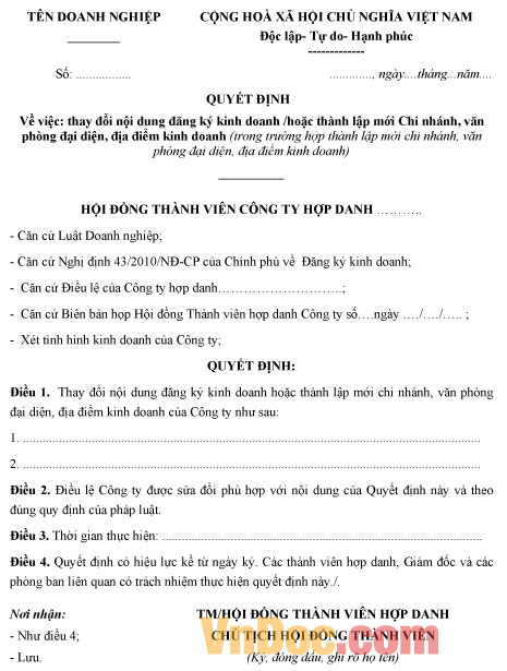 Mẫu quyết định của công ty hợp danh