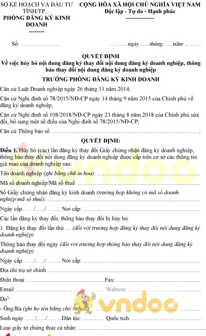 Mẫu quyết định về việc hủy bỏ nội dung đăng ký thay đổi nội dung đăng ký doanh nghiệp