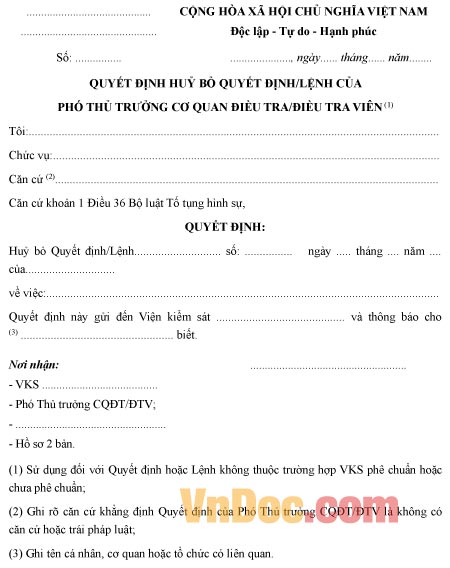 Mẫu quyết định hủy bỏ quyết định của phó thủ trưởng cơ quan điều tra, điều tra viên