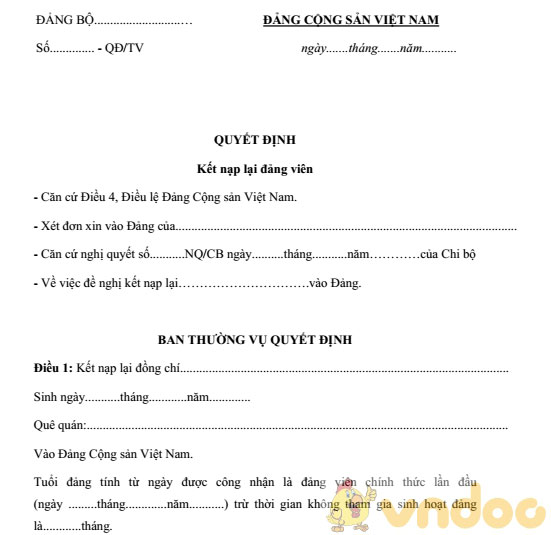 Quyết định kết nạp lại Đảng viên