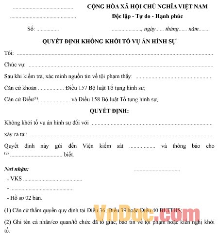 Mẫu quyết định không khởi tố vụ án