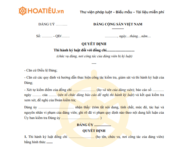 Mẫu quyết định kỷ luật Đảng viên