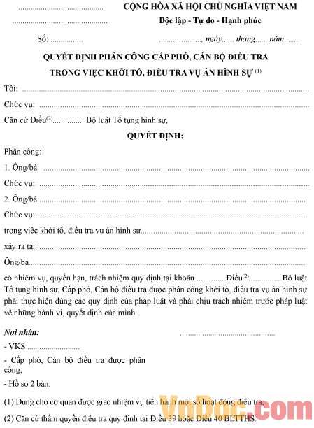Quyết định phân công cấp phó, cán bộ điều tra trong việc khởi tố, điều tra