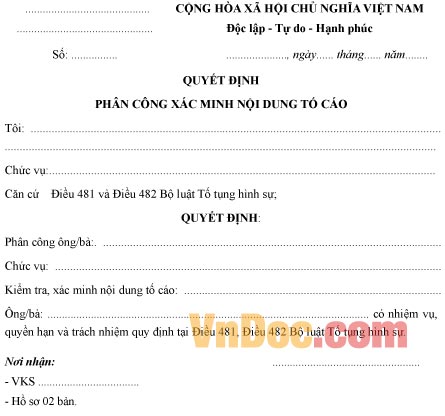 Mẫu quyết định về việc phân công xác minh nội dung tố cáo