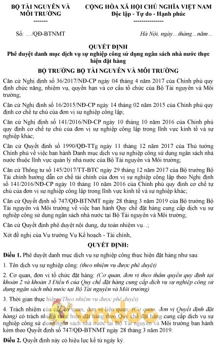 Mẫu quyết định phê duyệt danh mục dịch vụ sự nghiệp công sử dụng ngân sách nhà nước