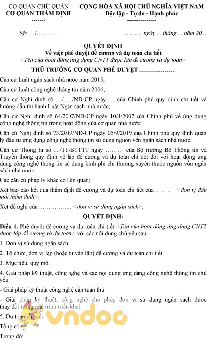 Mẫu quyết định phê duyệt đề cương và dự toán chi tiết