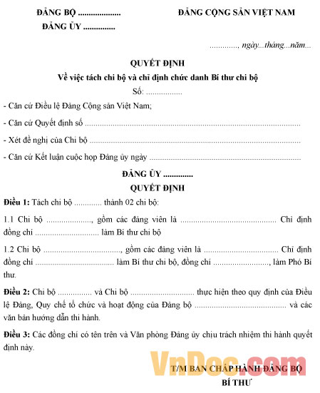 Mẫu quyết định về việc tách chi bộ