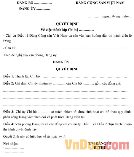 Mẫu quyết định thành lập chi bộ cơ sở
