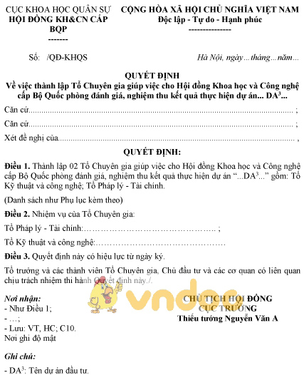 Mẫu quyết định thành lập tổ chuyên gia giúp đánh giá, nghiệm thu kết quả thực hiện dự án