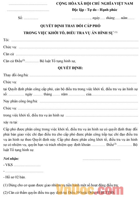Mẫu quyết định thay đổi cấp phó trong việc khởi tố, điều tra vụ án hình sự