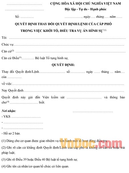 Mẫu quyết định thay đổi quyết định của cấp phó trong việc khởi tố điều tra vụ án hình sự