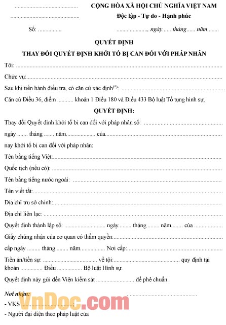 Mẫu quyết định thay đổi quyết định khởi tố bị can